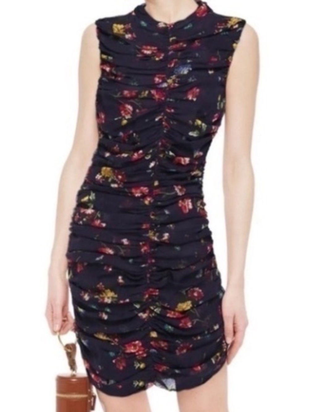 Nicholas 100% Silk Floral Ruched Mini Dress Navy Mock Neck Size 4